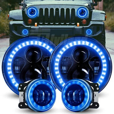 Halo Blue DRL 7" LED Headlights 4" Fog Lights Combo Kit For Jeep Wrangler JK TJ - Image 1 of 4