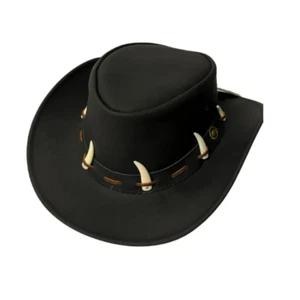 Genuine Kanga Roar Leather Cowboy Bush Hat with Crocodile Teeth an chincord - Picture 1 of 11