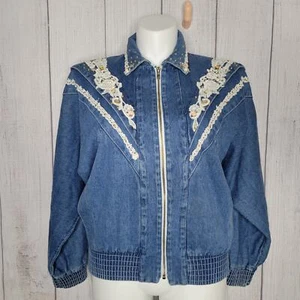 Vintage Floral Embroidered Blue Denim Rodeo Western Rodeo Jacket Womens Size S - Picture 1 of 12