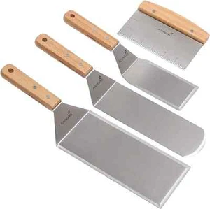 Commercial Quality Stainless Steel Spatula Set Metal Grill Turner Wooden Handle - Picture 1 of 6