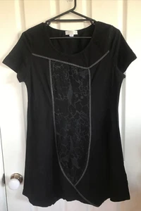 Boo Radley Top/Dress Size L Black Print Front Panel Short Sleeves Stretch Slim - Picture 1 of 14