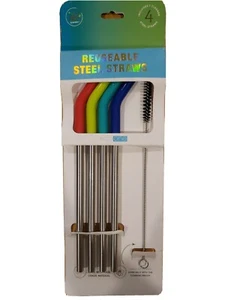 Stahl Strohhalme 4er Set mit leuchtenden Farben | inklusive Reinigungsbürste | NEU - Bild 1 von 3
