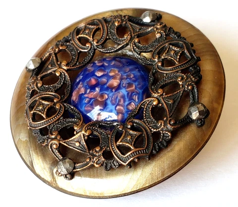 Deluxe Antique Button-Celluloid with Glass Jewel & Brass Openwork-1&7/8 XL Cover