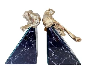 Art Deco Sleek Bookends Gold Panthers Sitting Atop  Acrylic Black Marbled Base - Picture 1 of 13