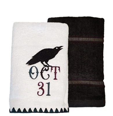 Halloween Hand Towel Set – Embroidered Raven & Oct 31 – 2-Pack Cotton 16 x 26 in - Image 1 of 4