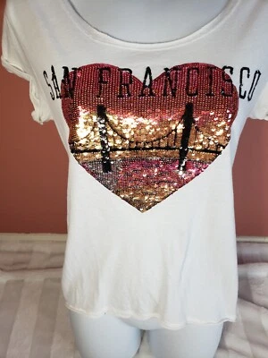RARE Victorias Secret PINK Love SF CA Sequin Bling Heart Bay Bridge T-shirt S  - Image 1 of 4