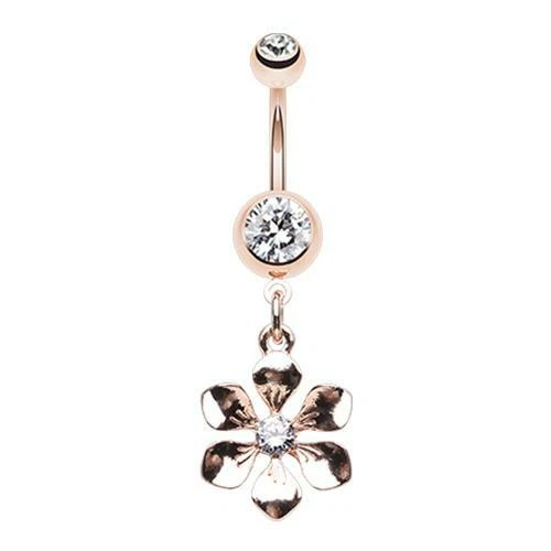 Rose Gold Springtime Flower Belly Ring Flower Leaf Clear CZ Dangle Vine Gem Sexy - Image 1 of 1