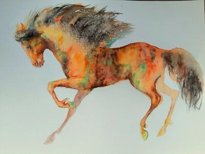 Arte para correr caballos Palomino acuarela original, equino, ecuestre, semental corriendo Foto 1 de 4