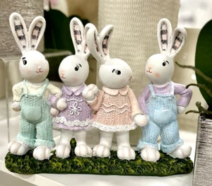 Easter Bunny Statue Figurine New 4 Bunnies in Overalls and Dresses - Picture 1 of 4