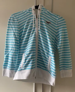 Hollister Blue Turquoise and White Striped Zip Up Hoodie Size Medium - Picture 1 of 6