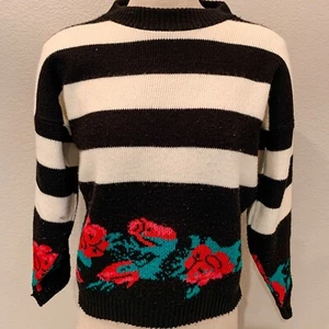 Vintage Cottage Sweater Cabin Creek Black White Striped Floral Roses Size Small - Picture 1 of 9
