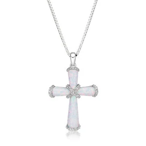 .07 cttw Diamond and Created Opal Cross Pendant in Sterling Silver 18" - Picture 1 of 7