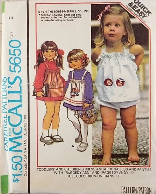 McCall's 5650 VTG 70s Apron-Dress Raggedy Ann Andy Color Transfer UNCUT Todlr 2 - Image 1 of 4