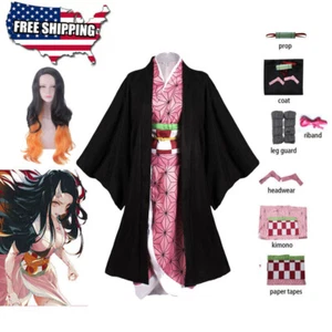 Demon Slayer Kamado Nezuko Cosplay Full Set Costume Kimono Wig Halloween - Picture 1 of 34