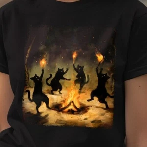Black Cat Dance around Bonfires Spooky Witchcraft Halloween Unisex T-Shirt - Picture 1 of 7