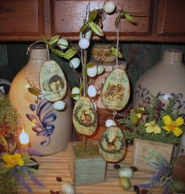 4 Primitive Wood Egg Ornie Easter Spring Chick Bird Rabbit Bunny Country Cottage - Image 1 of 4