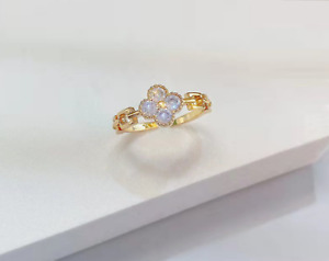 Gold Flower Lucky Clover Chain Pave Cubic Zirconia Adjustable Band Ring