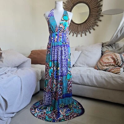 Blumarine Medium Designer Purple Geometric Stretchy Extra Long Maxi Halter Dress - Image 1 of 4