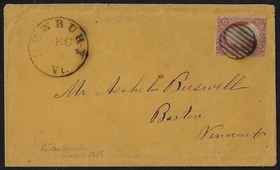US 1856 NEWBURY VT NEAT & FANCY CANCEL ON 3¢ WASH IMPERF TYPE II LETTER ENCLOSED - Image 1 of 2