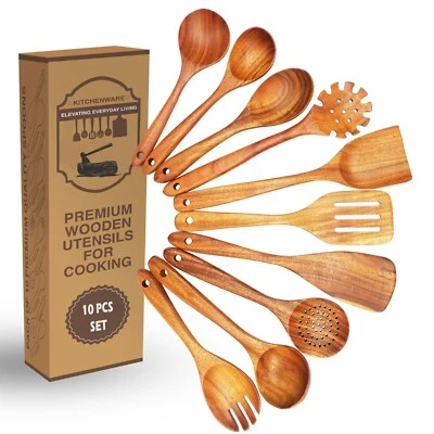 Cucharas de madera premium para cocinar, juego de 10 utensilios de cocina de madera madera de teca Foto 1 de 4