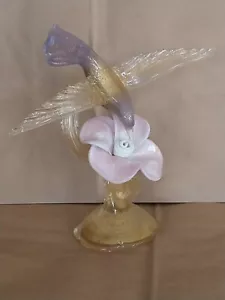 "Statuetta vintage vetro di Murano Polvere Oro colibrì alimentazione con fiori 10,5" - Foto 1 di 24