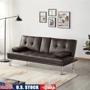 Luxury Faux Leather Futon Sofa Bed Cupholders Pillows Modern Convertible Couch - Picture 1 of 8