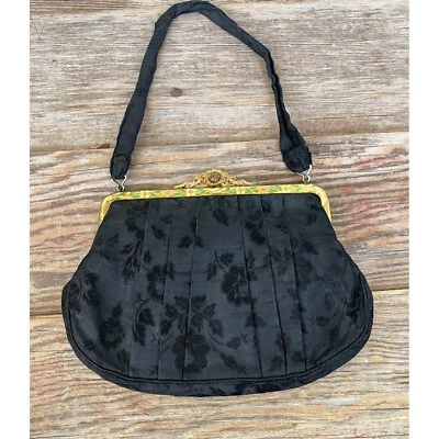 Antique 1930s Black Brocade Purse Painted Enamel Floral Frame - Image 1 of 4