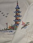 Vintage Pagoda Tablecloth Chinoiserie Hand Embroidered Oriental Chinese 