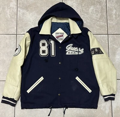 Chaqueta de bombardero de cuero Guess vintage talla L años 90 lana leyendas universitarias Letterman Foto 1 de 4
