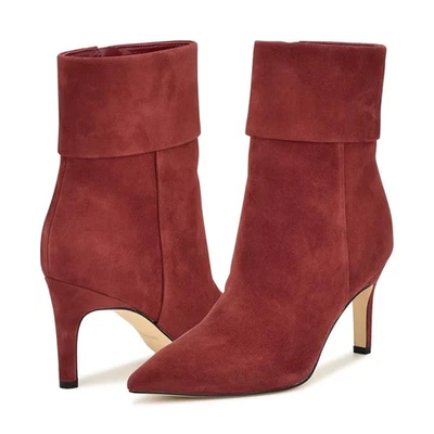 Nine West Gemms 靴子女式美国 6.5 深红色麂皮绒细跟短靴 TZP110 — 第 1/4 张图片