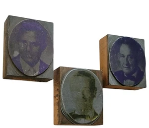 Letter Printing Press Block Photo Portraits 3 Wood Blocks Names Back Vtg Antique - Picture 1 of 8
