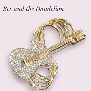Guitar  With Music Gold Tone  Rhinestone Brooch - Picture 1 of 6