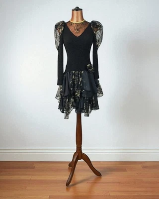 Vintage 80s Prom Dress Evening Party Cocktail Metallic Lace Chic Black - UK 8 - Image 1 of 4