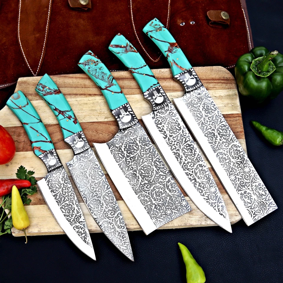 Сделанный на заказ набор ножей шеф-повара (5 шт.) дамасская сталь с кожаным рулоном комплект AN-046 - Изображение 1 из 4