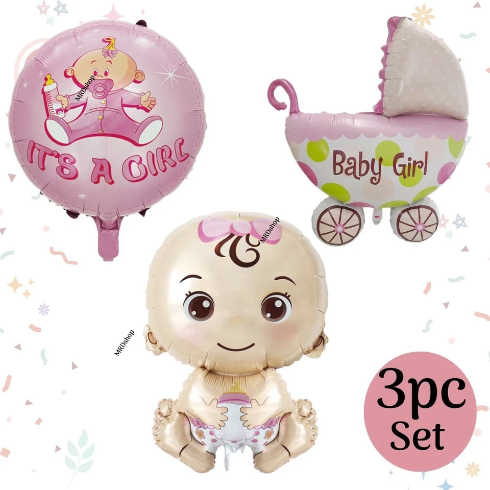 Juego de 3 globos de ducha para bebé niña cochecito de aluminio decoración de fiesta para bebé Reino Unido Foto 1 de 1
