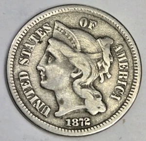 1872 Three Cent Coin Nickel ~ VF Very Fine ~ 3CN  🇺🇸  United States Mint  - Picture 1 of 13