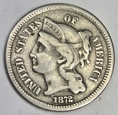1872 Three Cent Coin Nickel ~ VF Very Fine ~ 3CN  🇺🇸  United States Mint  - Image 1 of 4