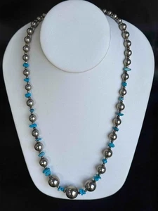 Vintage Pididdly Links Turquoise & Silver Tone Balls Necklace Estate Jewelry - Picture 1 of 6