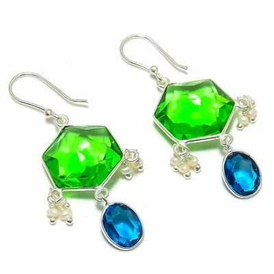 Peridot, Iolite Gemstone 925 Solid Sterling Silver Jewelry Earring 2.05 " n952 - Image 1 of 1
