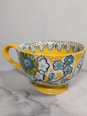 Anthropologie Elka Ayaka Pedestal Cup Mug Yellow Floral Twisted Handle - Image 1 of 4