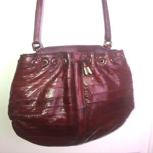  Eel Skin Leather Dk Red Shoulder Handbag 3 Compartments Snap Vintage Korea EUC