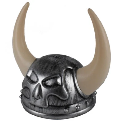 Adult Plastic Nordic Warrior SILVER Viking Helmet Costume Hat with Skull & Horns - Image 1 of 3