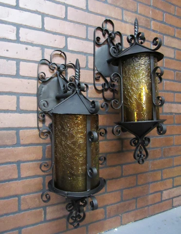Pair HUGE Vintage Spanish Revival Porch Sconce Lights Gothic 27" Long Cover