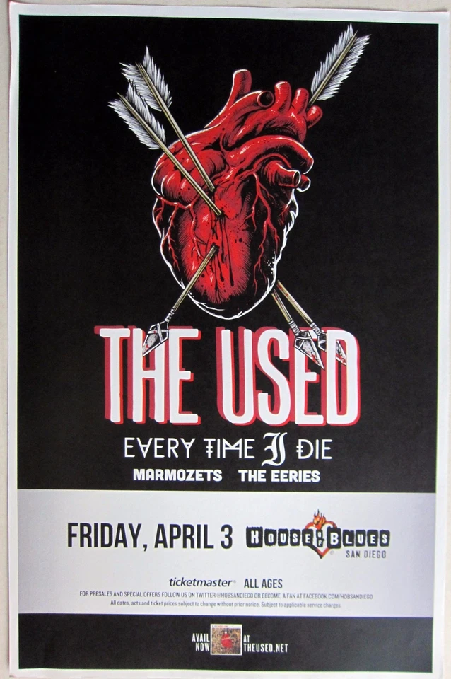 THE USED /EVERY TIME I DIE /MARMOZETS /EERIES 2015 SAN DIEGO CONCERT TOUR POSTER - Image 1 of 1