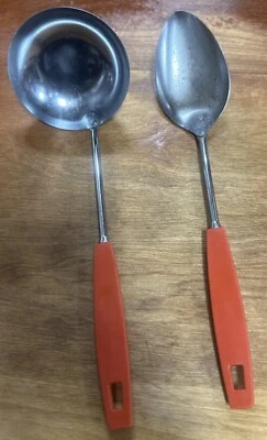 EKCO Solid Spoon Ladle Chromium Plated Red Orange Plastic USA 12” 70's 80's - Image 1 of 4