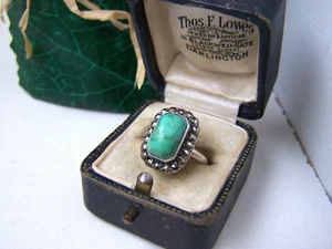 GORGEOUS VINTAGE OLD SOLID STERLING SILVER TURQUOISE MARCASITE RING SIZE L 5.5 - Picture 1 of 14