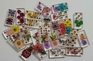 Handmade Resin Art Dried Pressed Flowers Transparent Clear Rose Gold Domino Set - Picture 1 of 10
