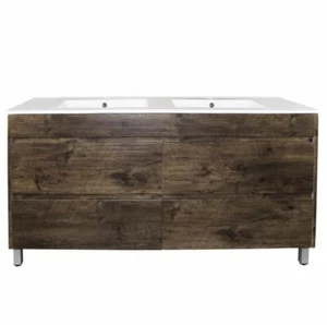 1200MM DARK OAK BATHROOM FREESTANDING VANITY ON LEGS DOUBLE BOWL CERAMIC BASIN - Picture 1 of 3