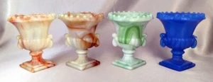 Lot (4) AKRO AGATE Beaded Top Glass Planter Urns: Blue, Green, Caramel Swirl - Picture 1 of 14