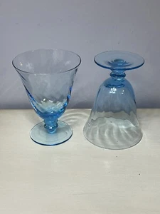 Pair Azure Blue Swirled Optic Glass Iced Tea Goblets with Double Wafer Stem EUC - Picture 1 of 11